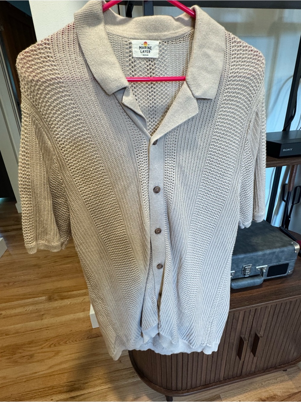 Marine Layer Neutral Beige Open-Knit Polo Cardigan Men’s Size Medium